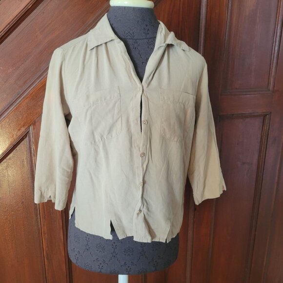 Notations Womens Beige 100% Silk Button-Up Shirt With 3/4 Sleeves - Size S - Picture 1 of 8